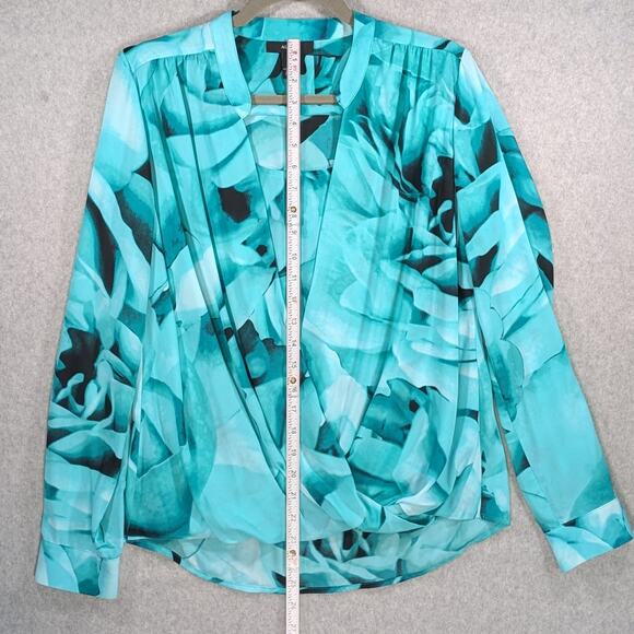 Alfani Floral Crossover Top Green Aqua Black Long Sleeve Roll Tab Size 8 - Picture 9 of 15